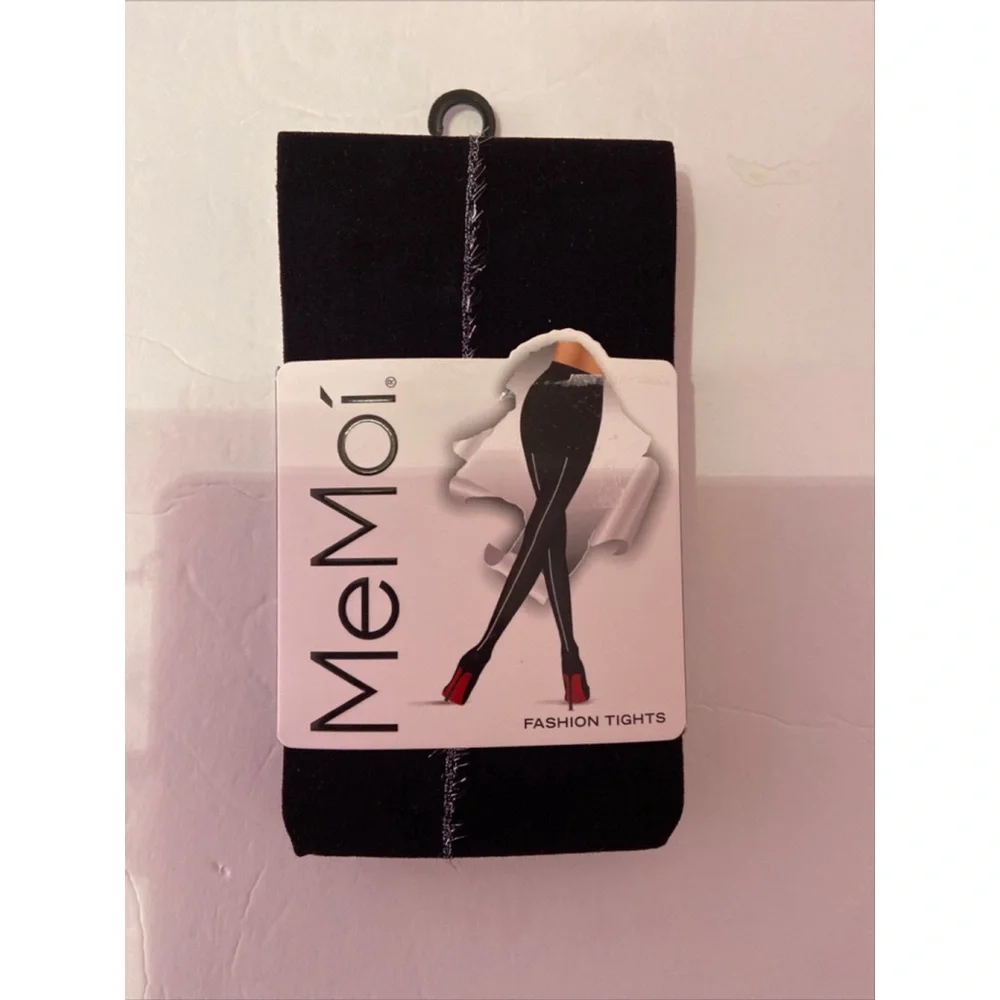 Memoí Fashion Tights with Silver Foil Back Seam Black Size M/L NEW